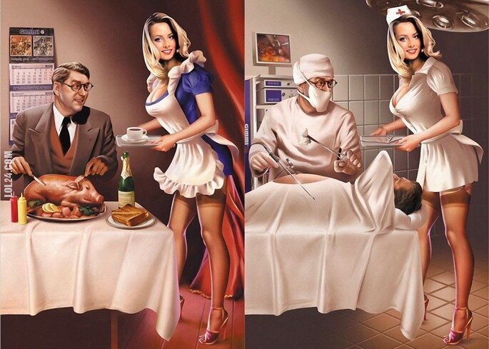 rysunek : Pielęgniarka, czy kelnerka?