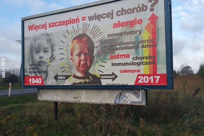 napis, reklama : "Więcej szczepień = więcej chorób?"