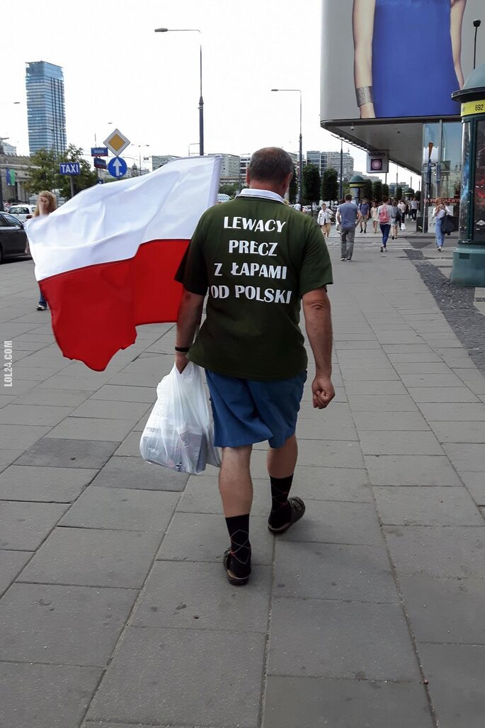 napis, reklama : "Lewacy precz z łapami od Polski"