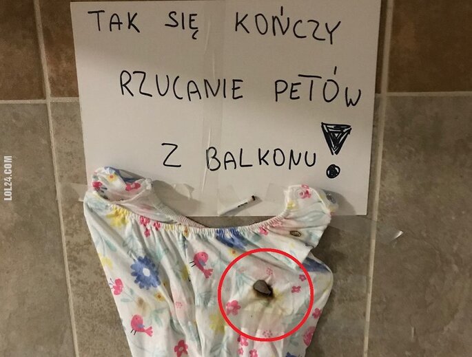 napis, reklama : Rzucanie petów z balkonu