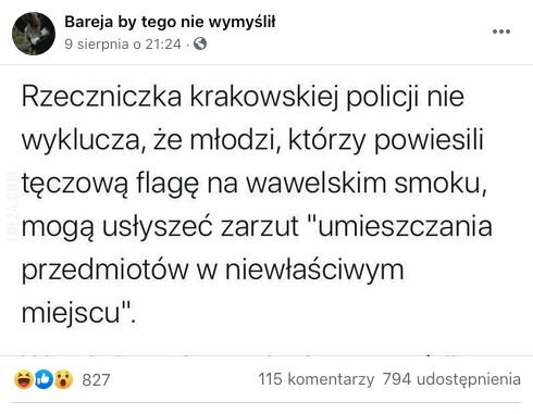 napis, reklama : Zarzuty za powieszenie tęczowej flagi na Wawelskim smoku