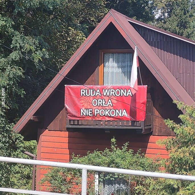 napis, reklama : "Ruda wrona orła nie pokona"