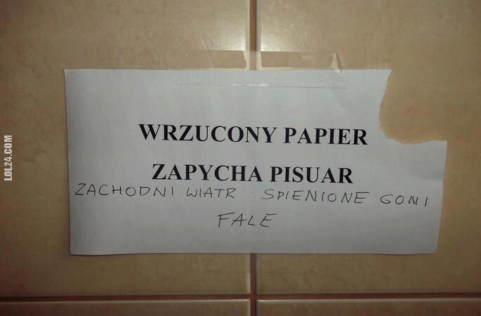 napis, reklama : WRZUCONY PAPIER ZAPYCHA PISUAR