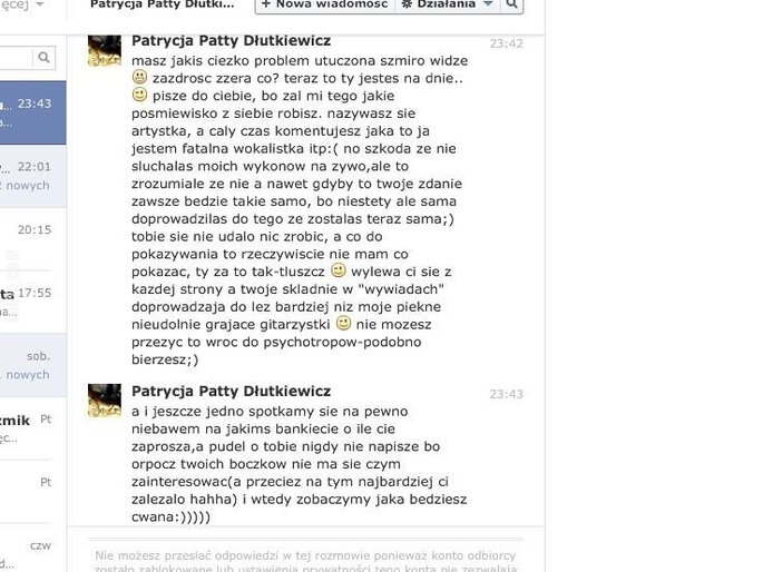 napis, reklama : Gwiazdkę Patty poniosły nerwy - Zapis rozmowy na Facebook