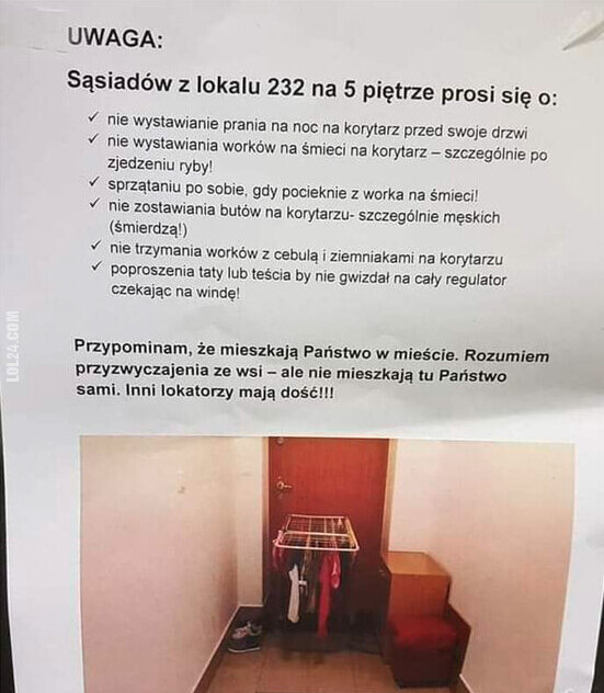 napis, reklama : Porządek na klatce