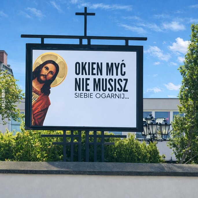 napis, reklama : Okien myć nie musisz