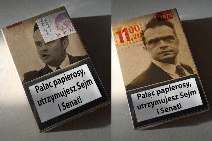 napis, reklama : Palący papierosy, utrzymują Sejm i Senat!