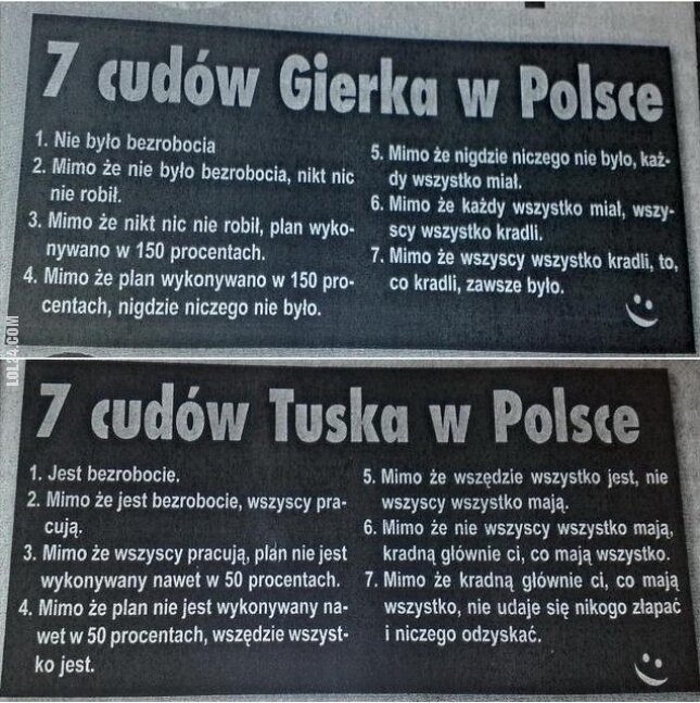 napis, reklama : 7 cudów Gierka w Polsce vs 7 cudów Tuska w Polsce