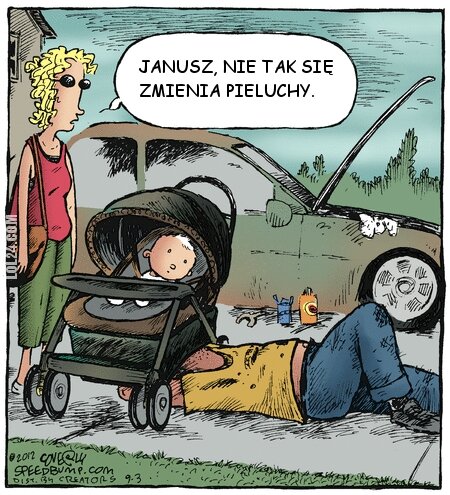 komiks : Janusz, nie tak się zmienia pieluchy.
