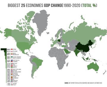 Jak bardzo urosło PKB 25 największych gospodarek świata (1990-2020).