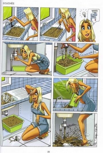 Blondynka i zatkany zlew