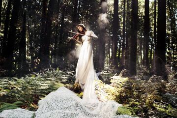 Cudowny widok, kobieta ze skrzypcami w lesie