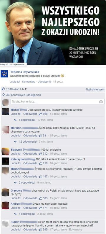Życzenia urodzinowe dla Donalda Tuska na Facebooku